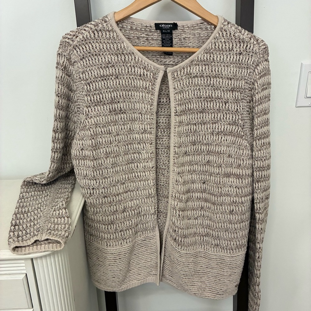 Olsen Beige knit cotton blend cardigan with clip closures. Wear open or closed